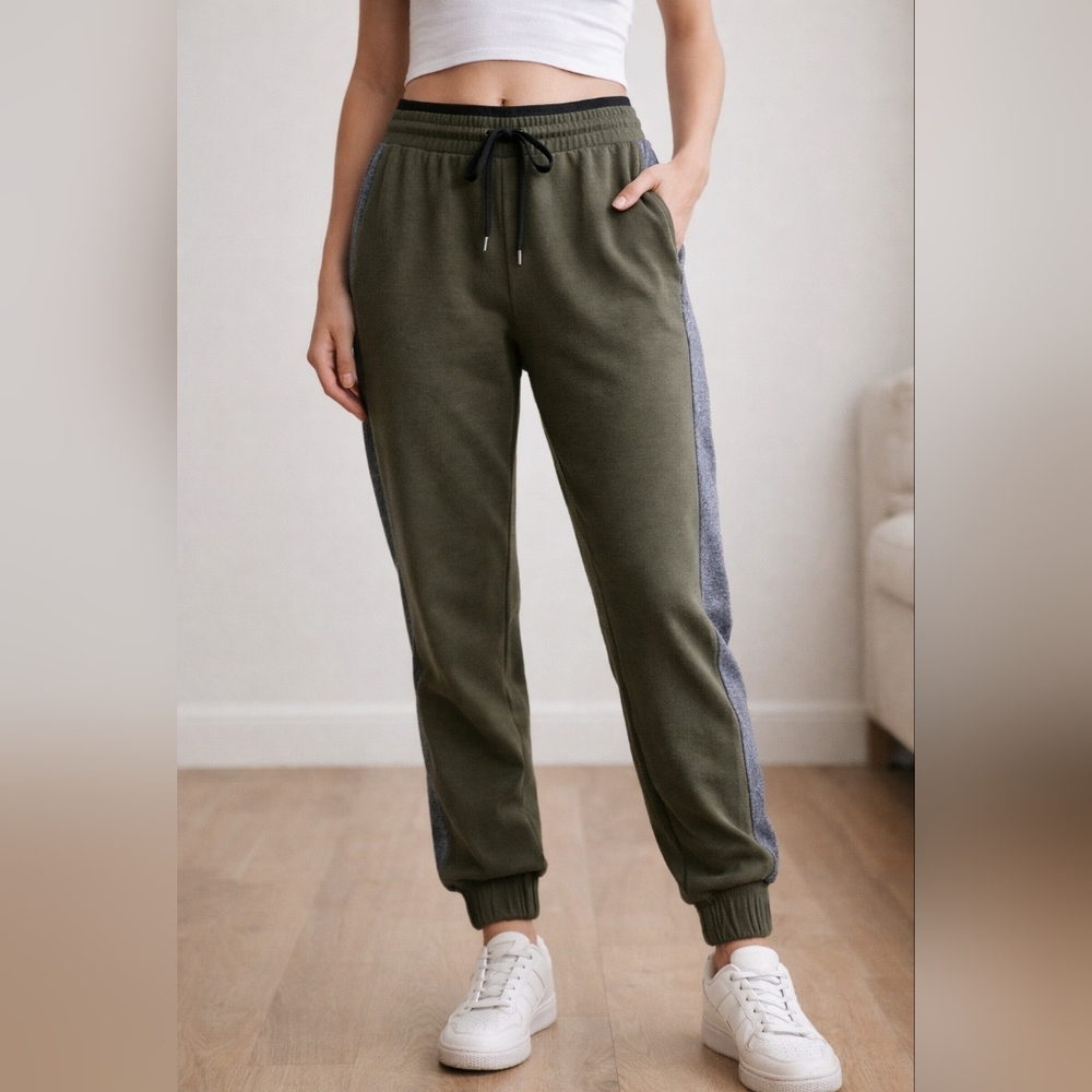 Olive Green Joggers | Drawstring Waist | Pockets | Size L | Cotton